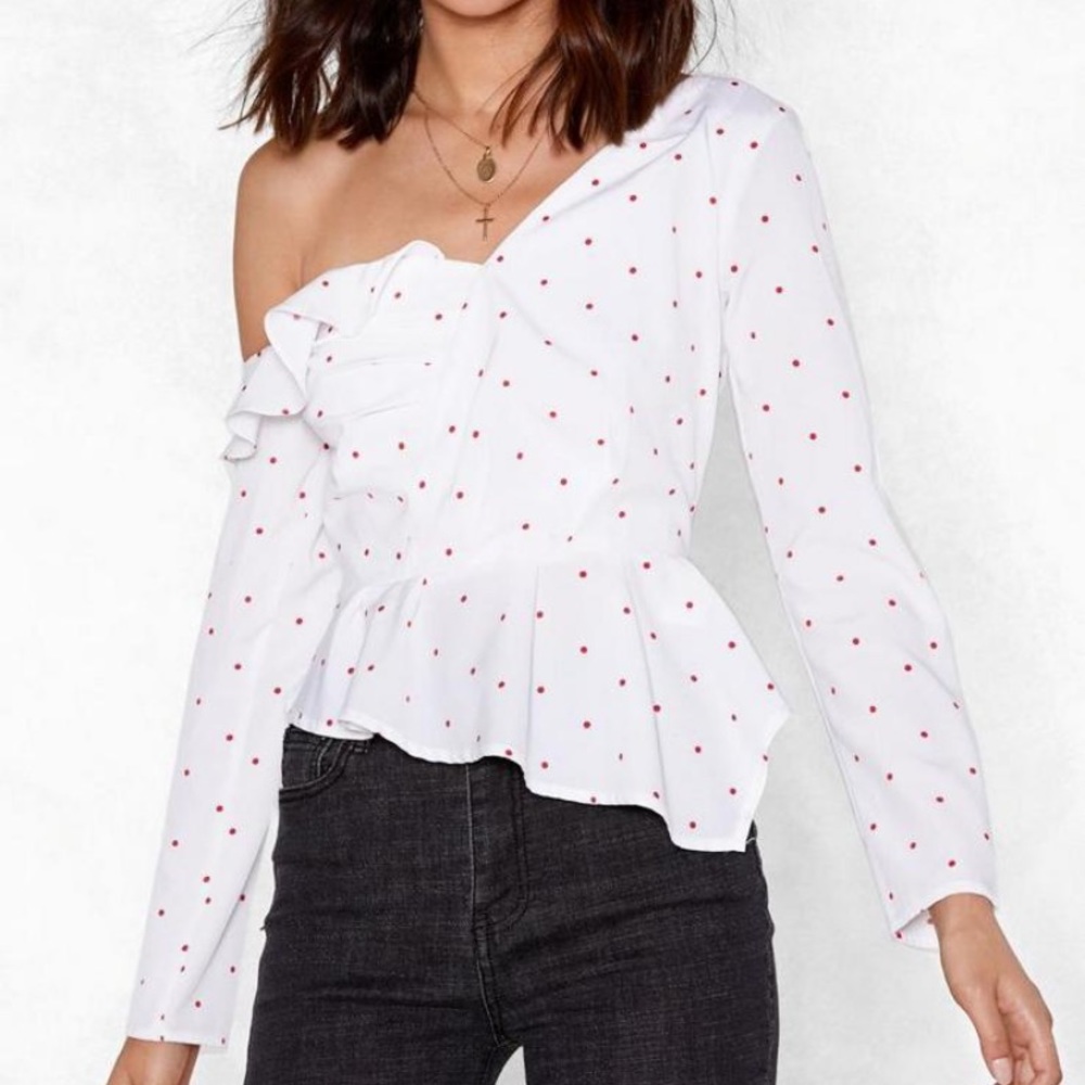 NASTY GAL NWT- Red Polka Dot One Shoulder Peplum Top